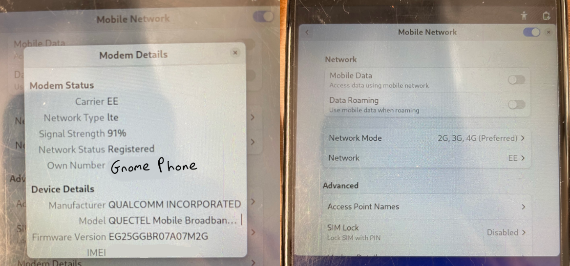 PinePhone running GNOME OS and evidencing modem
