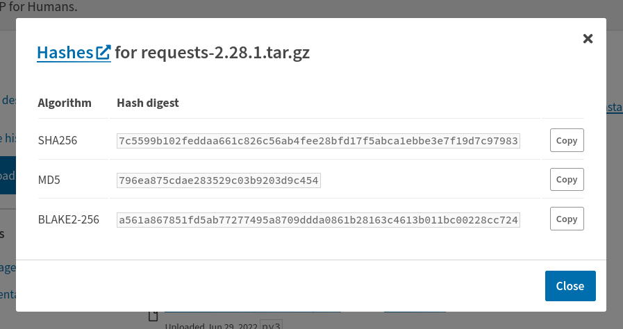 List of package hashes provided by PyPI website