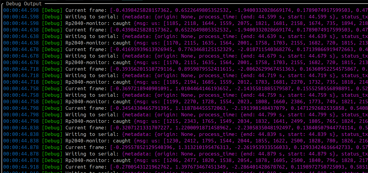 Debug log output showing timestamped joint angle frames, serial writes and RP2040 monitor messages at roughly 25 hertz